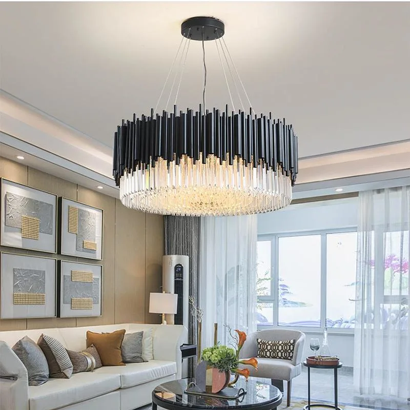 Modern Luxury LED Interior Design Round K9 Crystal Black Metal Living Room Decorative Chandelier Pendant Lamp